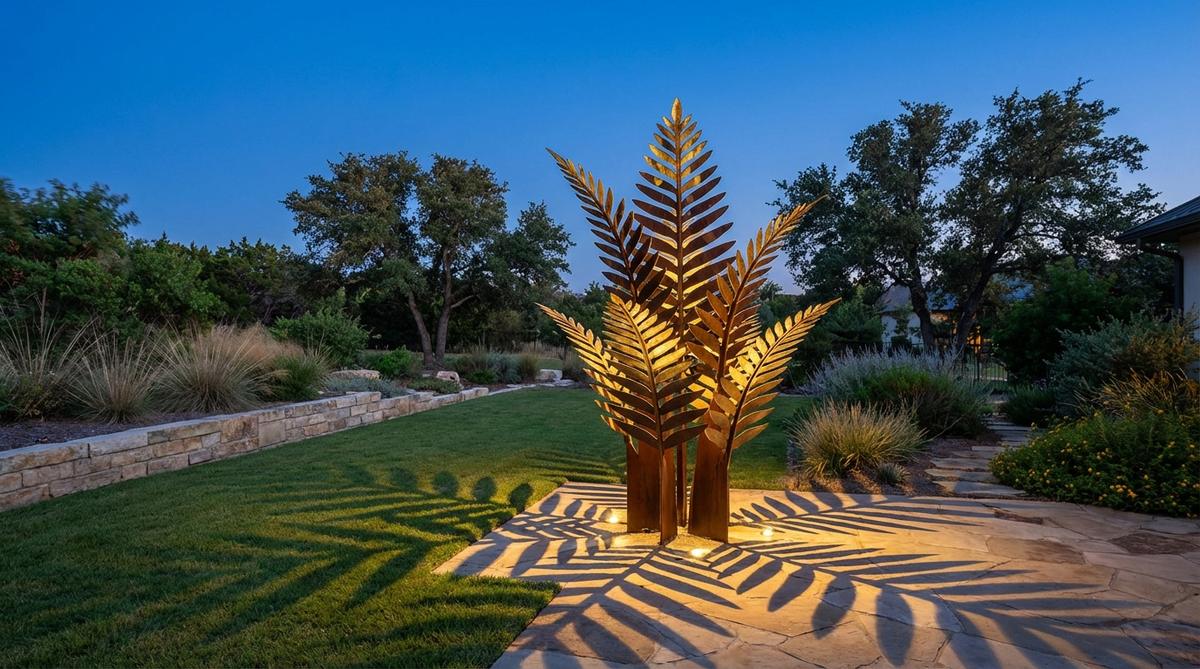 A contemporary garden sculpture featuring a multi-layered frond structure with dramatic uplighting that casts elongated shadows and highlights gilded details. The spotlight technique emphasizes intricate surface treatments and complex layering, revealing hidden depths in the artwork.
