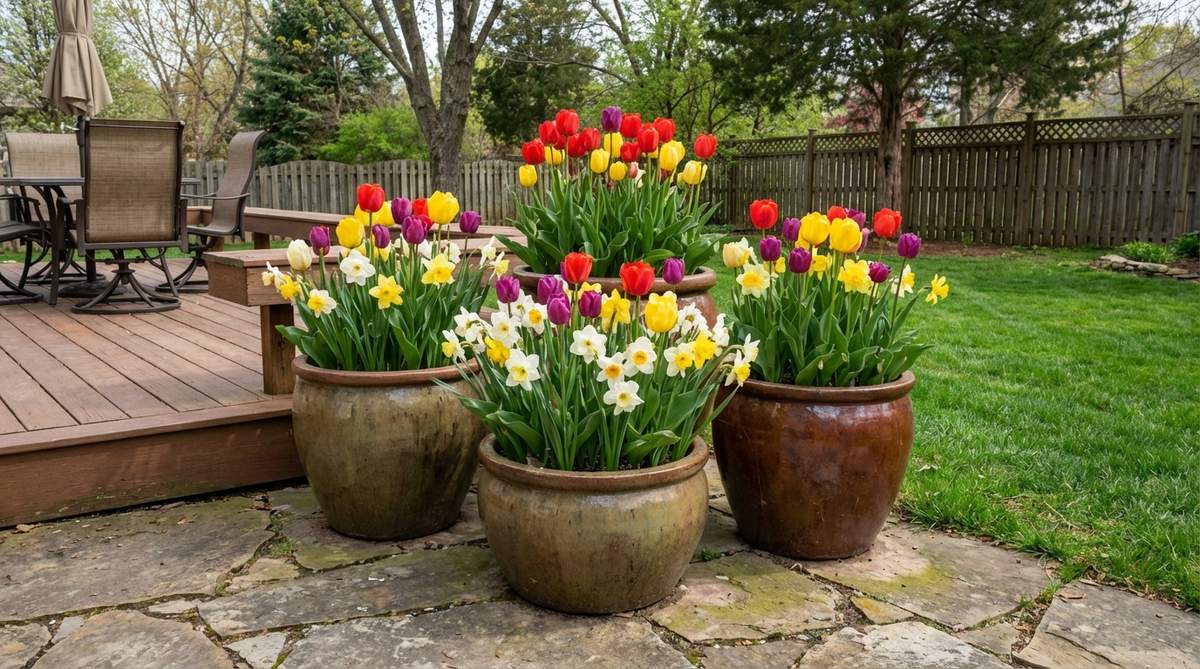 A vibrant display of pre-chilled tulip and daffodil bulbs blooming in ceramic containers, showcasing layered planting for extended spring color in garden tub decor.