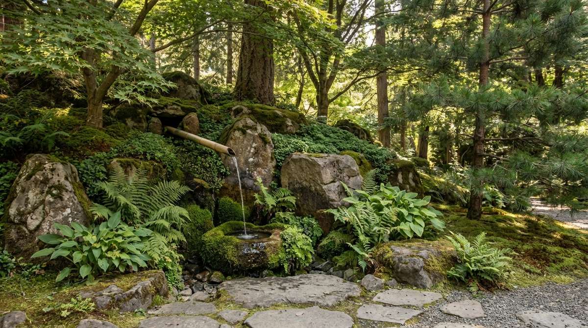 A serene Japanese garden scene showing water emerging from a hillside through a bamboo spout, with moss and ferns marking the sacred source. The image illustrates the naturalistic concealment of recirculation systems in traditional garden design.