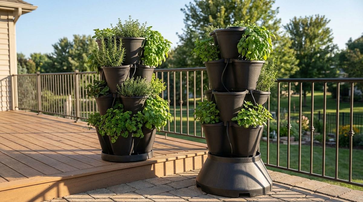 A vertical stackable herb tower on a balcony, featuring tapered pots in multiple tiers with lush green foliage, designed for high yield in limited spaces with built-in irrigation and stable base.