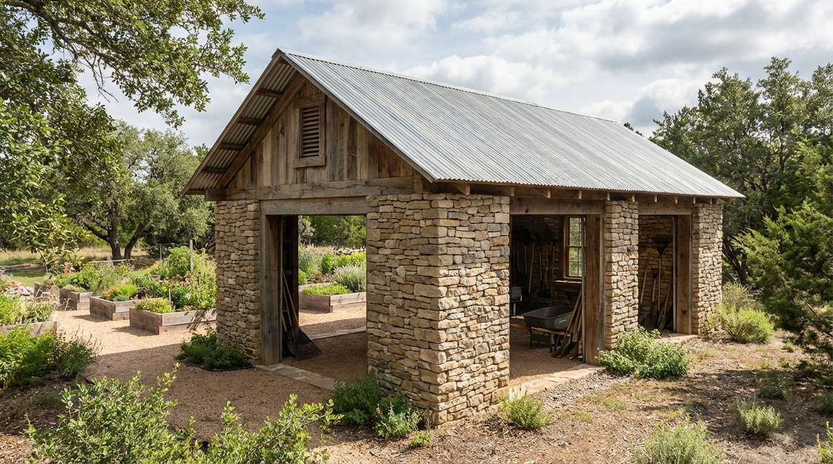 A rustic stacked stone equipment barn with timber-frame upper sections and metal roofing, featuring wide doorways for garden tools and views of distant garden beds, built using dry-stack techniques for seasonal flexibility.