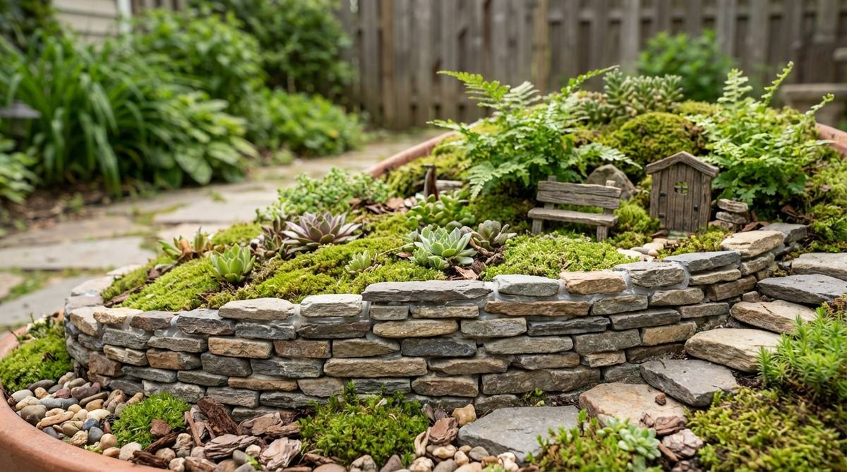 A miniature stacked stone garden wall made from small flat stones, mortared in courses to create a retaining wall for a fairy garden. It terraces sloped container gardens or defines planting beds, with stones of mixed sizes for natural variation. Built no higher than 2-3 inches to maintain scale with tiny structures and plants, using aquarium-safe silicone or outdoor adhesive.