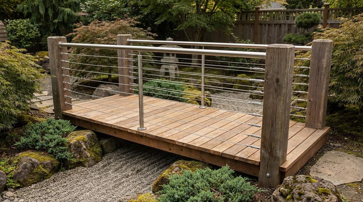 A zen garden bridge featuring stainless steel cable railings with horizontal cables spaced 3 inches apart, paired with natural timber decking. The transparent railings preserve views while meeting safety codes, balancing high-tech materials with organic textures. Tension cables are set to 250-300 pounds using turnbuckle fittings at end posts.