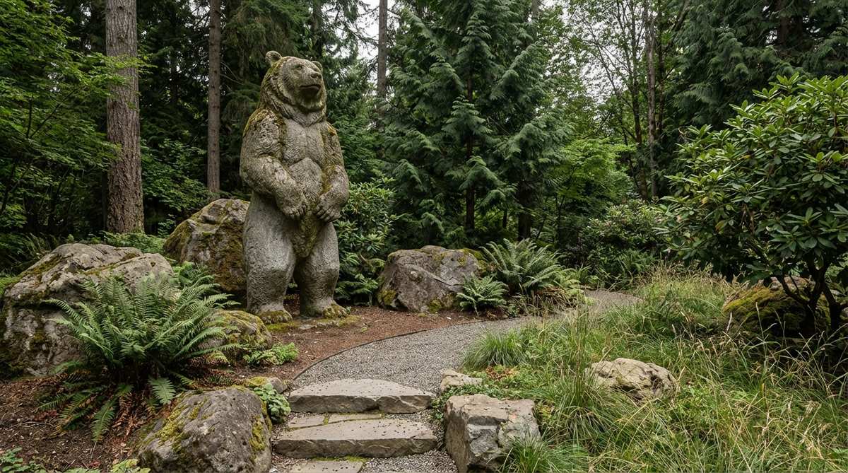 A life-size standing bear sculpture for garden landscapes, designed for rustic mountain or woodland themes. This powerful vertical stone statue requires substantial space and strong contextual alignment with native plants and natural stone elements to create an authentic wilderness aesthetic.