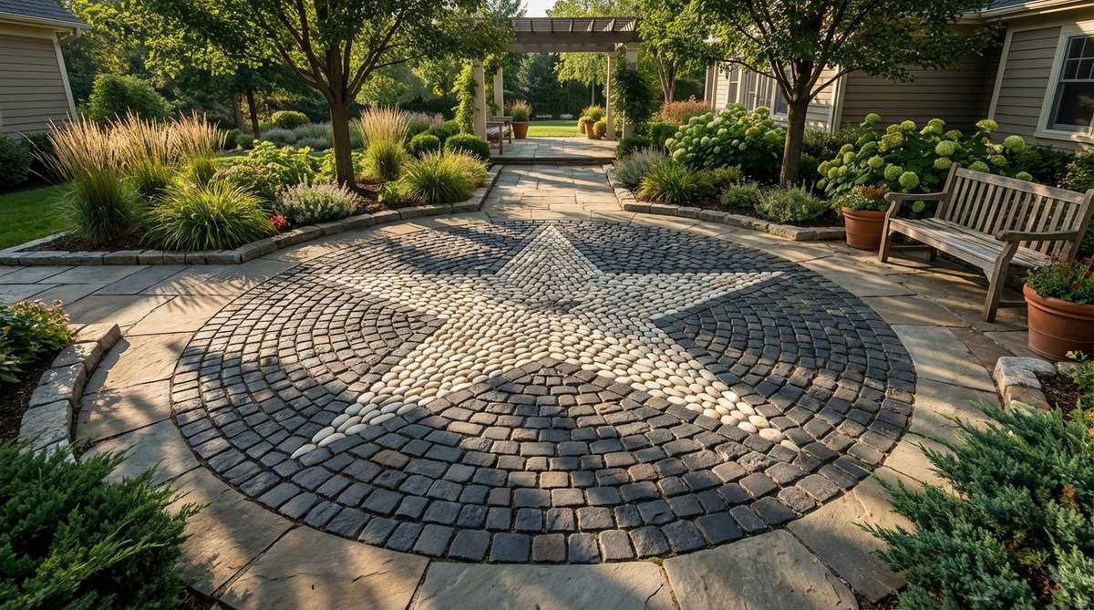 A stone garden mosaic featuring bold star shapes in contrasting colors, such as white or light-colored stones forming five or eight-pointed stars against dark cobblestone backgrounds. This traditional design creates striking focal points with maximum visual impact, ideal for courtyard centerpieces or celestial compositions. Suitable for both traditional and contemporary garden aesthetics, it enhances visual interest with graphic quality and shadows from overhead lighting.