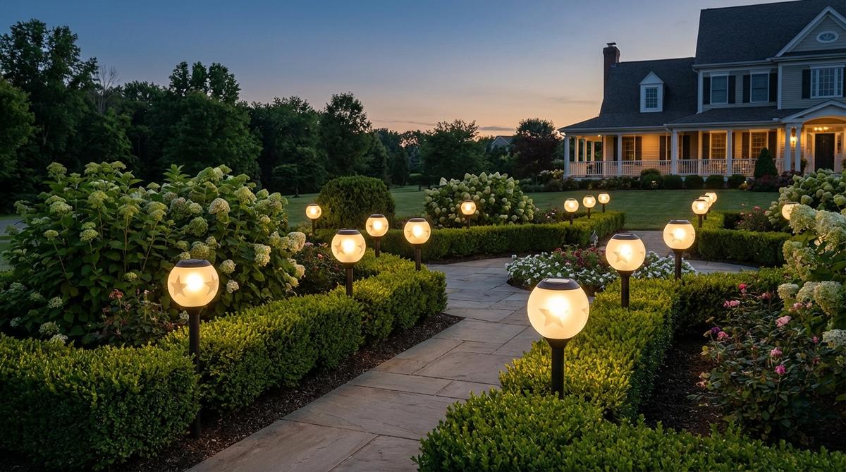 Illuminated sphere stakes with star-shaped diffusers, spaced at precise intervals along a garden pathway, adding vertical visual interest and symmetry in a formal garden setting, powered by solar energy.