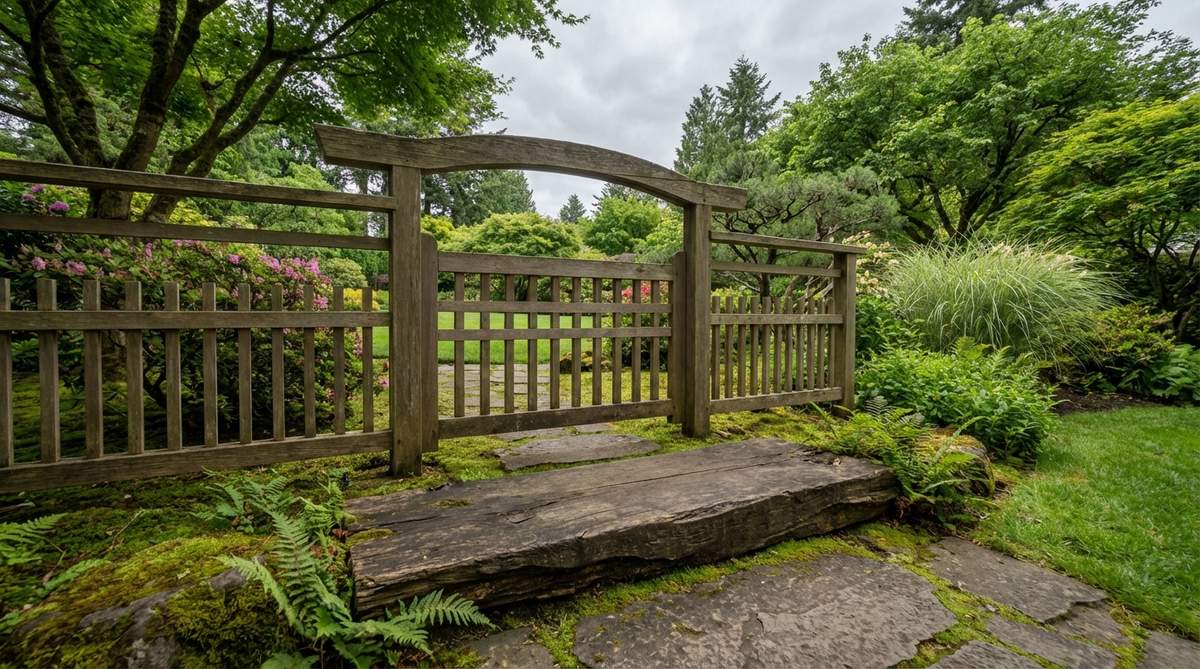 A Japanese garden gate with a stepped threshold made from a single piece of rot-resistant timber or stone slab, raised 6-8 inches above the approach path to encourage mindful stepping. The design embodies tea ceremony principles and is paired with a low gate that requires slight ducking, promoting a bowing posture associated with entering sacred spaces.