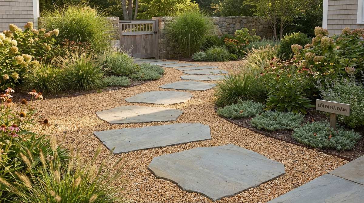 A garden path featuring large flat stepping stones (18-24 inches across) set in a pea gravel field at comfortable stride intervals. The stones are set slightly proud of the gravel surface to keep footwear clean, with bluestone, limestone, or fieldstone options surrounded by ¾-inch pea gravel that won't migrate into shoe treads.