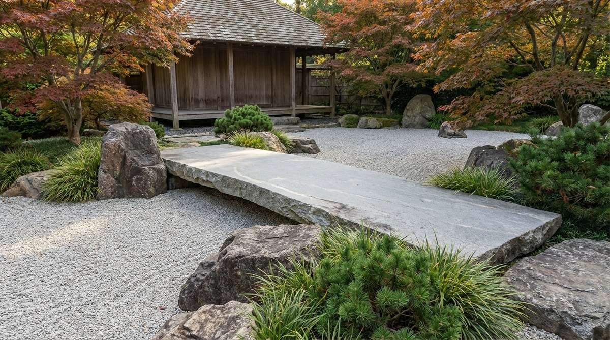 A custom-designed flat stone slab bridge spanning a gravel expanse in a modern Japanese rock garden, connecting different garden zones and serving as a meditation focal point with minimalist aesthetic.