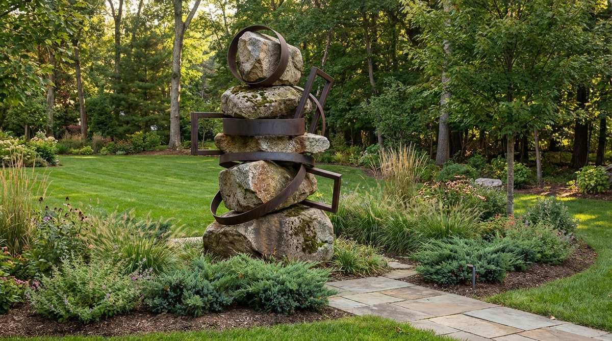 A modern garden sculpture featuring a vertical composition of natural granite boulders paired with fabricated steel elements. Metal rings, bands, and geometric forms wrap around and intersect with rough stone surfaces, creating a striking contrast between organic irregularity and precise geometry. This hybrid column bridges natural and industrial aesthetics, ideal for transitional garden zones where formal and naturalistic areas meet.