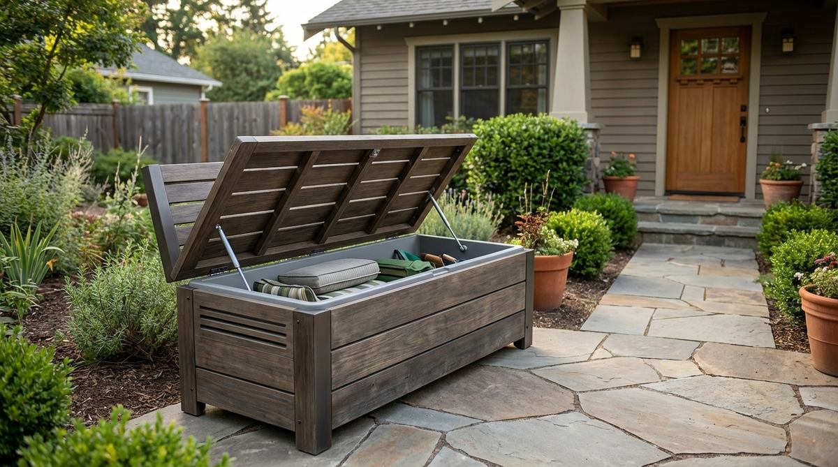 A modern outdoor storage bench featuring a hinged lift-top seat that reveals a weatherproof storage compartment. The bench has clean contemporary lines and is shown in a garden setting near an entry point, with gas-lift struts for easy one-handed operation and ventilation gaps to prevent moisture buildup.