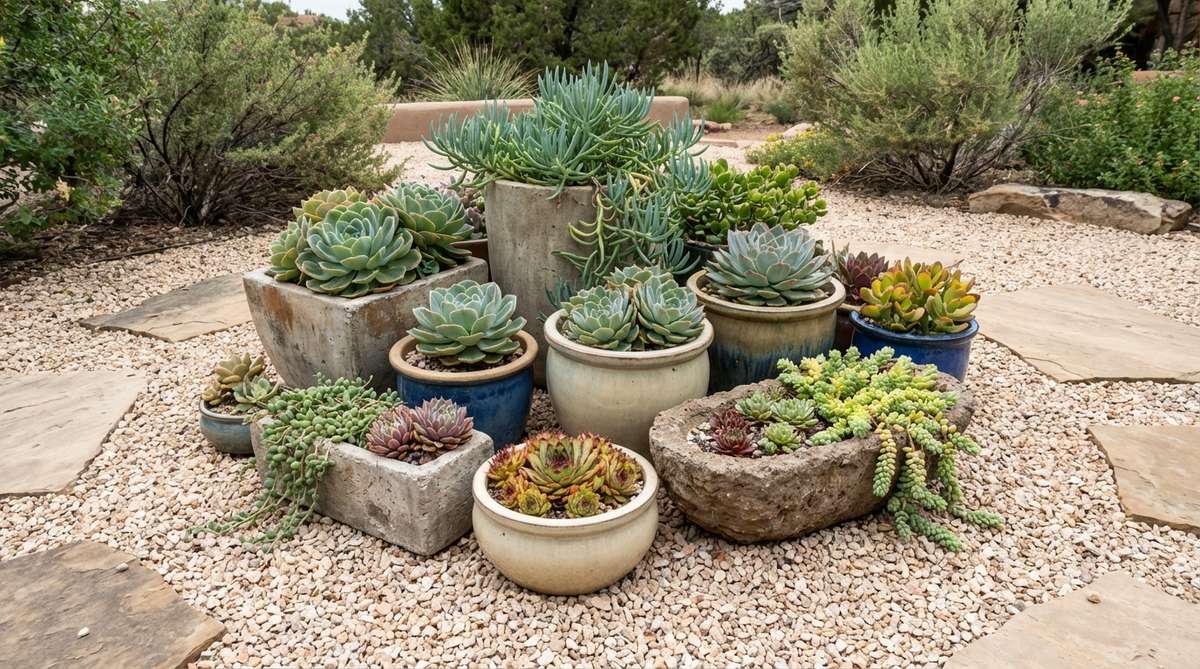 A collection of succulent plants arranged in various containers such as concrete, glazed ceramic, and hypertufa, placed on pale gravel in an asymmetrical cluster. Features Echeveria, Sedum, Sempervivum, and trailing Senecio for diverse textures and colors, creating a desert-garden vignette.