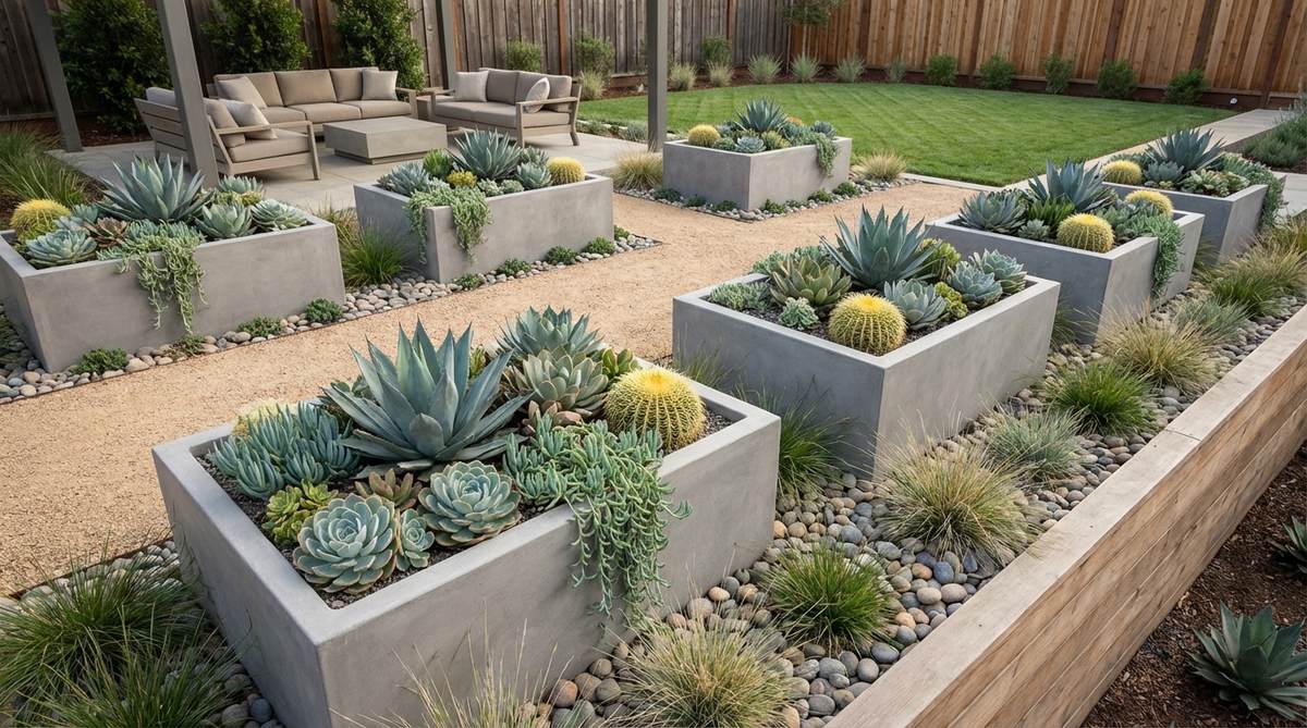 A modern garden design featuring rectangular concrete planters filled with various succulent species, creating geometric living art with sculptural forms and textural interest.