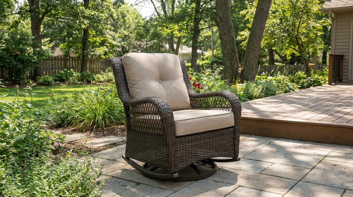 Modern garden swivel lounge chair with rocker base featuring contoured ergonomic design, all-weather wicker construction, and deep cushions for comfortable outdoor seating.