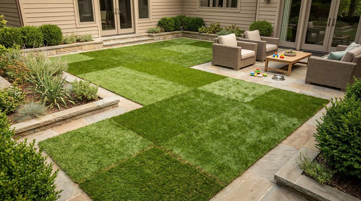 Artificial grass panels installed on a terrace garden, showing realistic blade texture and thatch layers. The synthetic turf provides a green, low-maintenance surface suitable for families with children or pets, requiring no irrigation or mowing.