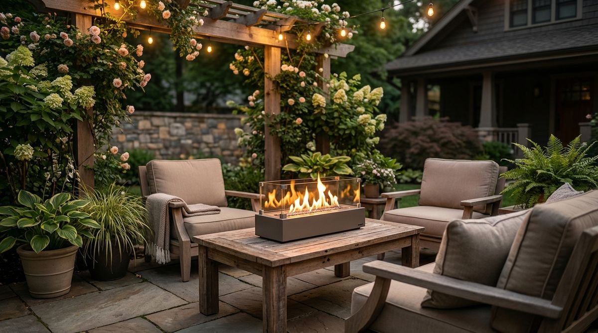A portable tabletop fire bowl with dancing flames, using gel fuel or propane, placed on a dining or coffee table in a cozy garden setting. It provides light and focal warmth, with a tempered glass wind guard to protect the flames from breezes, ideal for small patios where full-sized fire pits are not feasible.