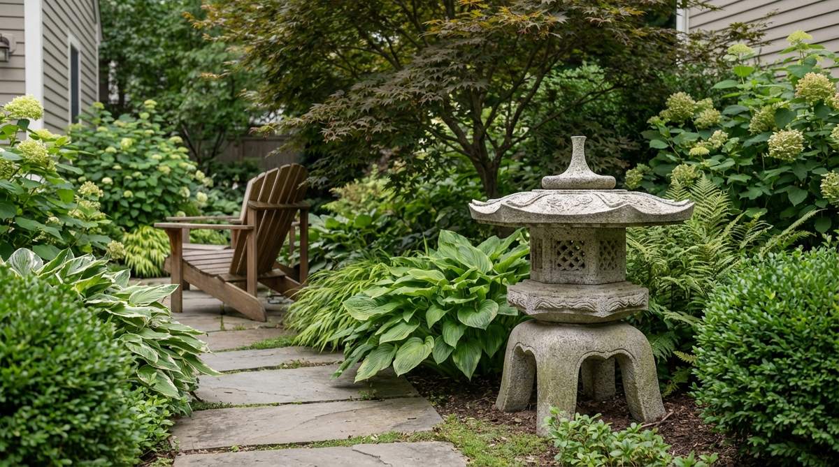 A compact Tamate Jewel Box Yukimi stone garden lantern with decorative details, ideal for courtyard gardens or intimate viewing distances. Features elaborate carvings on the fire box, suitable for installation beside stepping stone paths or near outdoor seating areas.