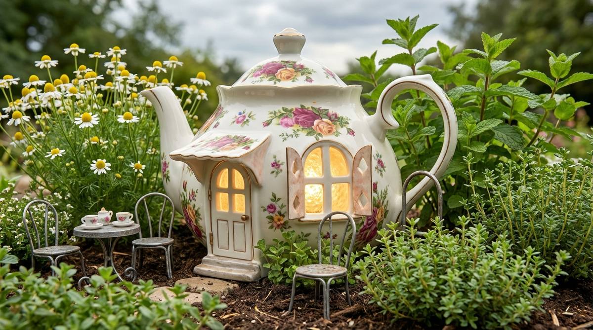 A miniature fairy garden shed created from a vintage-style teapot, featuring the spout as an awning and handle as an archway. Translucent porcelain sides with cut-out windows allow interior lighting to glow, positioned in a tea garden theme with miniature café furniture and herb plantings like chamomile and mint.
