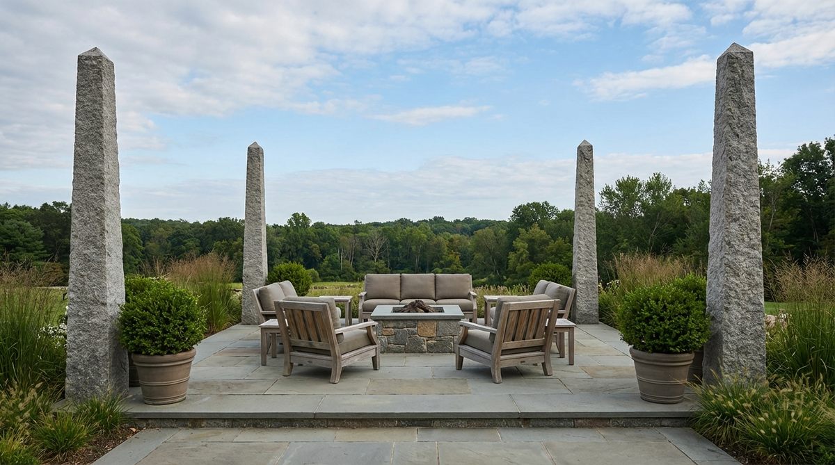 Four matching granite obelisks placed at the corners of a terrace, defining outdoor room boundaries while maintaining visual permeability. The vertical granite sentinels anchor seating areas without solid wall enclosure, particularly effective on elevated terraces where they stand against the sky.