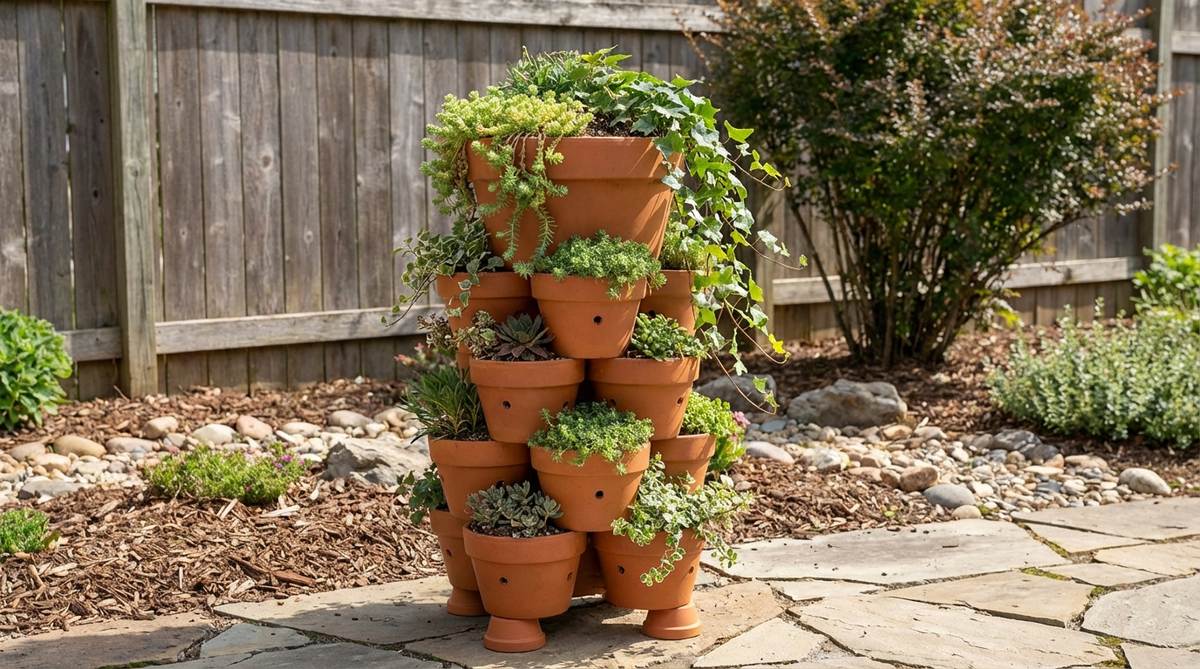 A vertical gardening solution showing stacked graduated pots creating a tiered alpine tower for small garden rockeries. Each level contains different alpine plants with trailing varieties cascading from the top pot down to lower tiers. The arrangement demonstrates efficient use of vertical space with proper drainage through drilled holes and pot feet, creating a sculptural focal point in compact garden areas.