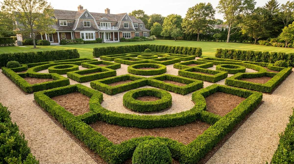 A geometric pattern of clipped boxwood hedges forming a formal parterre, set within gravel or mulched beds, showcasing crisp edges and evergreen structure for year-round garden definition.