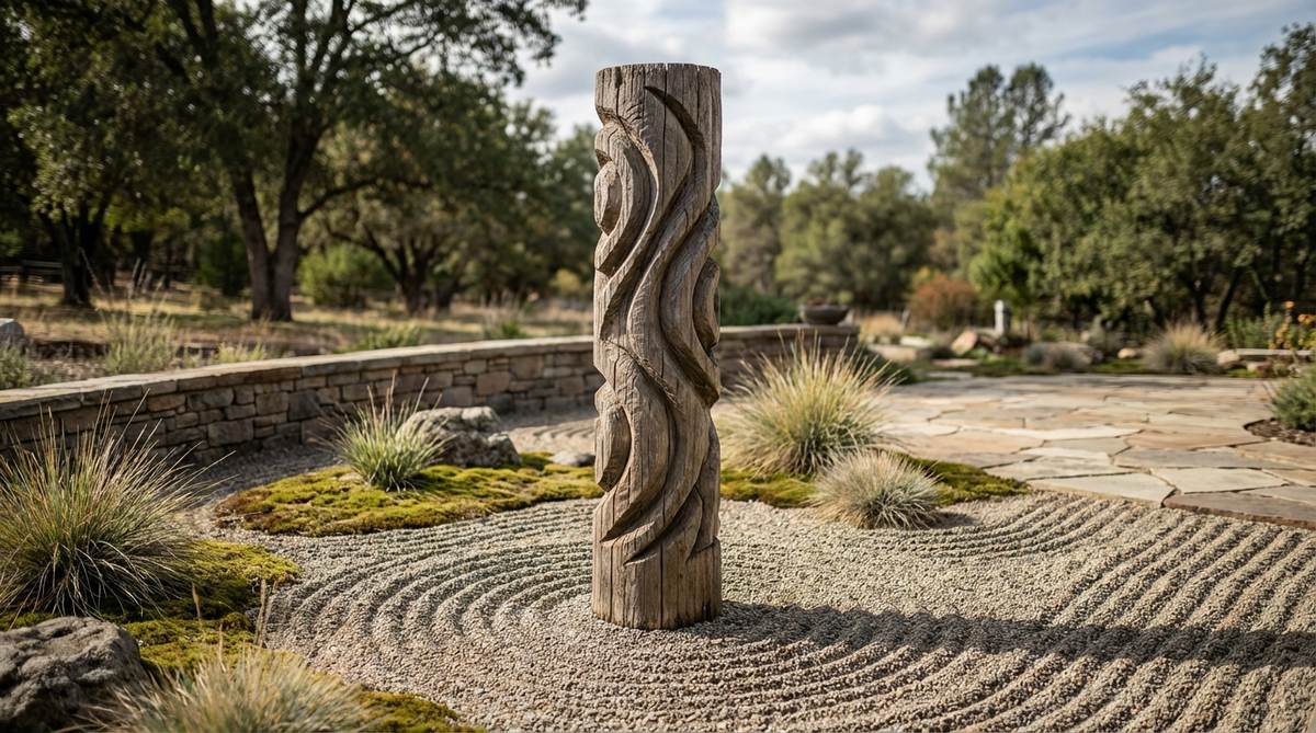 A weathered wood or stone totem pole sculpture with abstract carvings and tool textures, creating a strong vertical accent in a horizontal zen garden setting. The sculpture grounds sky and earth, emphasizing the vertical axis of existence, and can be positioned singly for dramatic impact or in small groves to suggest ancient ritual sites.