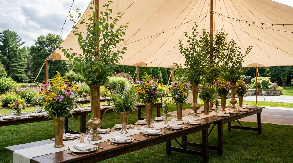 Tall brass vases with wildflower arrangements and tree branches create vertical drama for garden wedding reception tables. These towering centerpieces allow conversation flow beneath the blooms while enhancing natural aesthetics and outdoor ambiance, especially effective under event tents.