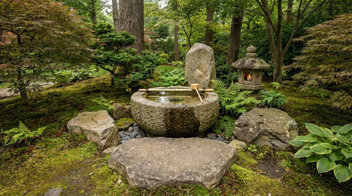 A detailed view of a classical tsukubai water feature in a Japanese garden, showcasing the five key stones: the basin, front stepping stone, side stones, and rear light stone. The arrangement includes an oribe-style stone lantern for illumination, illustrating the defined activity zone used for hand washing or contemplative pauses during garden walks.
