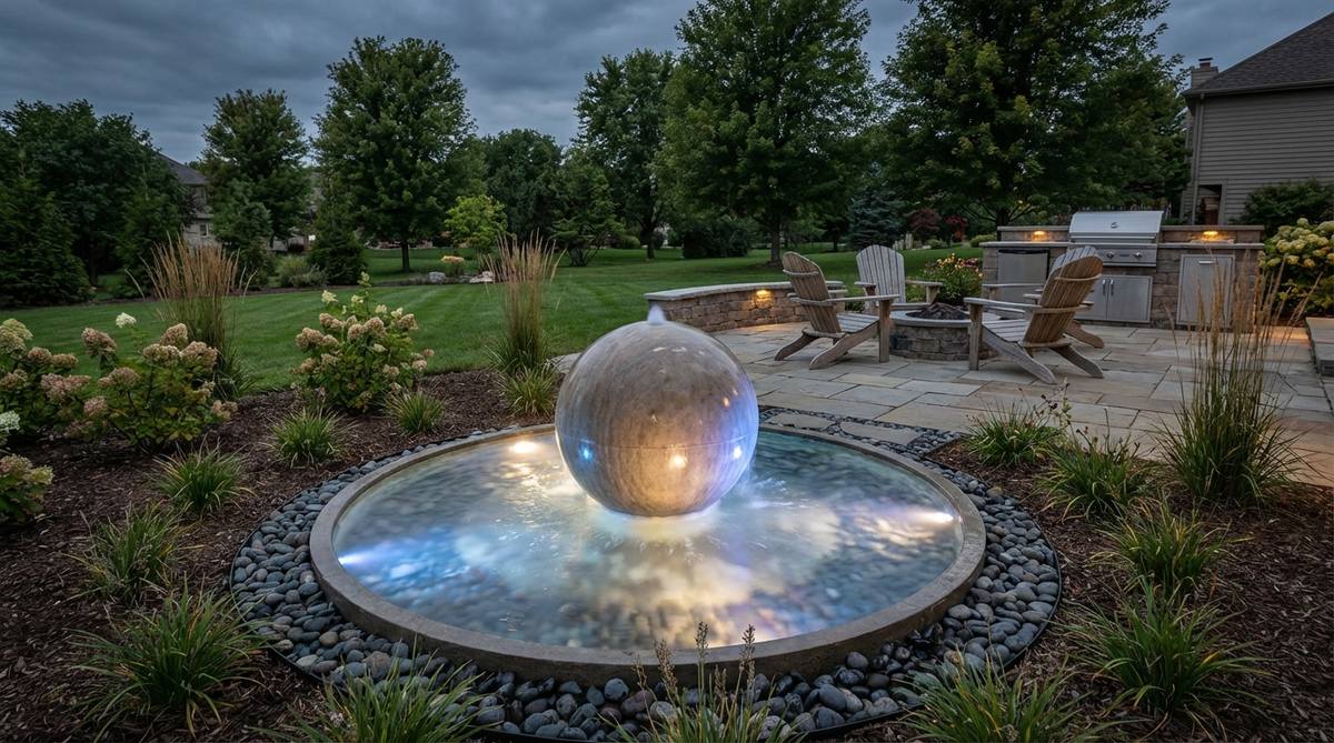 A contemporary garden fountain featuring a sphere illuminated by submersible LED lights from below. The light refracts through flowing water, creating shimmering effects across the sphere's surface with soft glows rather than harsh spotlighting. The underwater lighting approach keeps fixtures hidden, maintaining clean aesthetics during daylight while enabling seasonal color changes through RGB LEDs.