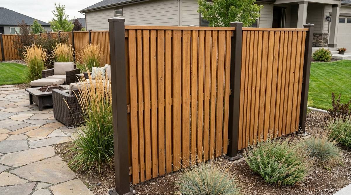 A modern garden fence featuring vertical wood slats attached to sturdy steel posts, showcasing a hybrid construction ideal for areas with soil movement. The steel posts, painted black or bronze, provide structural strength and maintain alignment, while the wood slats add a natural aesthetic.