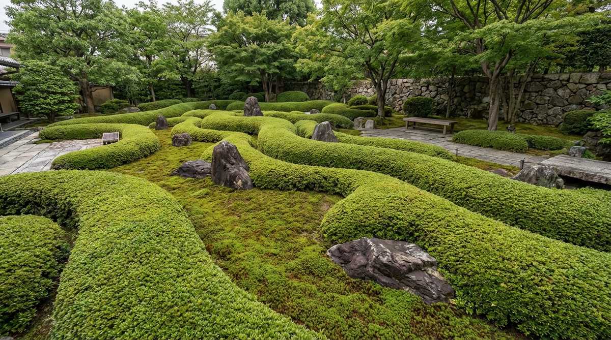 A Japanese stone garden featuring sculpted shrubs pruned into connected wave forms using the karikomi technique, with moss ground cover and rocks positioned between wave crests like islands emerging from seas. This dynamic design introduces movement through flowing horizontal lines that echo ocean swells, while moss provides a calm contrasting base, unifying the composition through continuous green coverage.