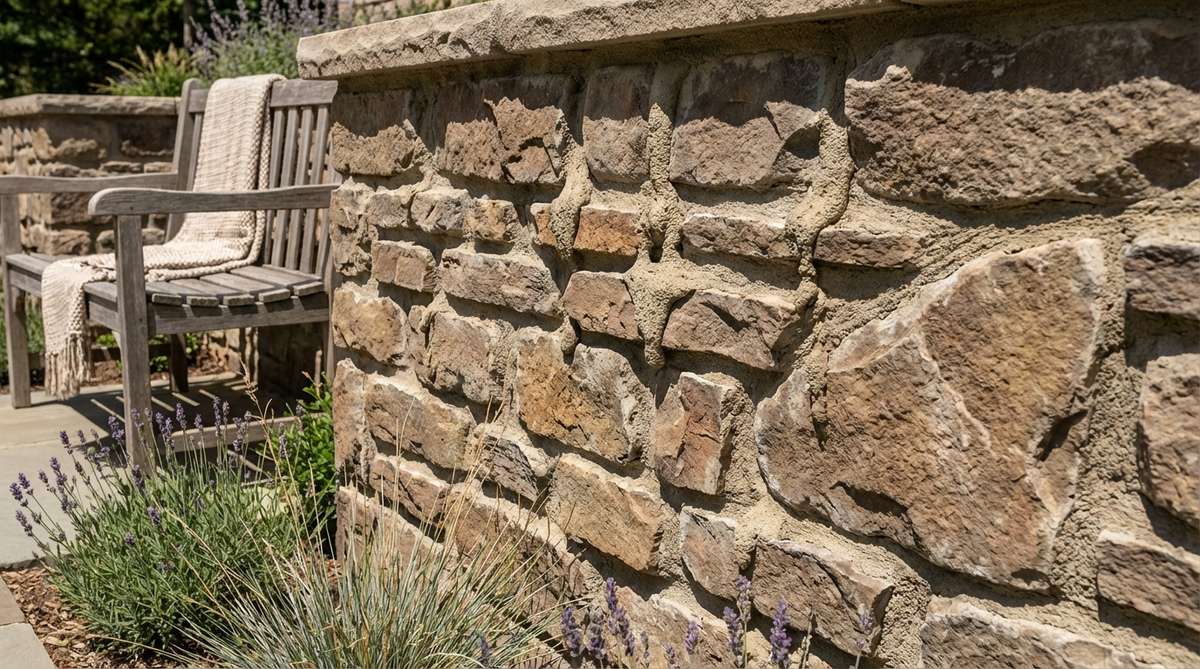 Close-up photograph showing weeping mortar joint technique on a stone garden wall, with mortar intentionally squeezed beyond stone faces to create a textured, handcrafted appearance. The image illustrates the dimensional shadows and rustic aesthetic suitable for farmhouse or Tuscan garden themes, with partially washed joints exposing stone edges variably as described in the article.