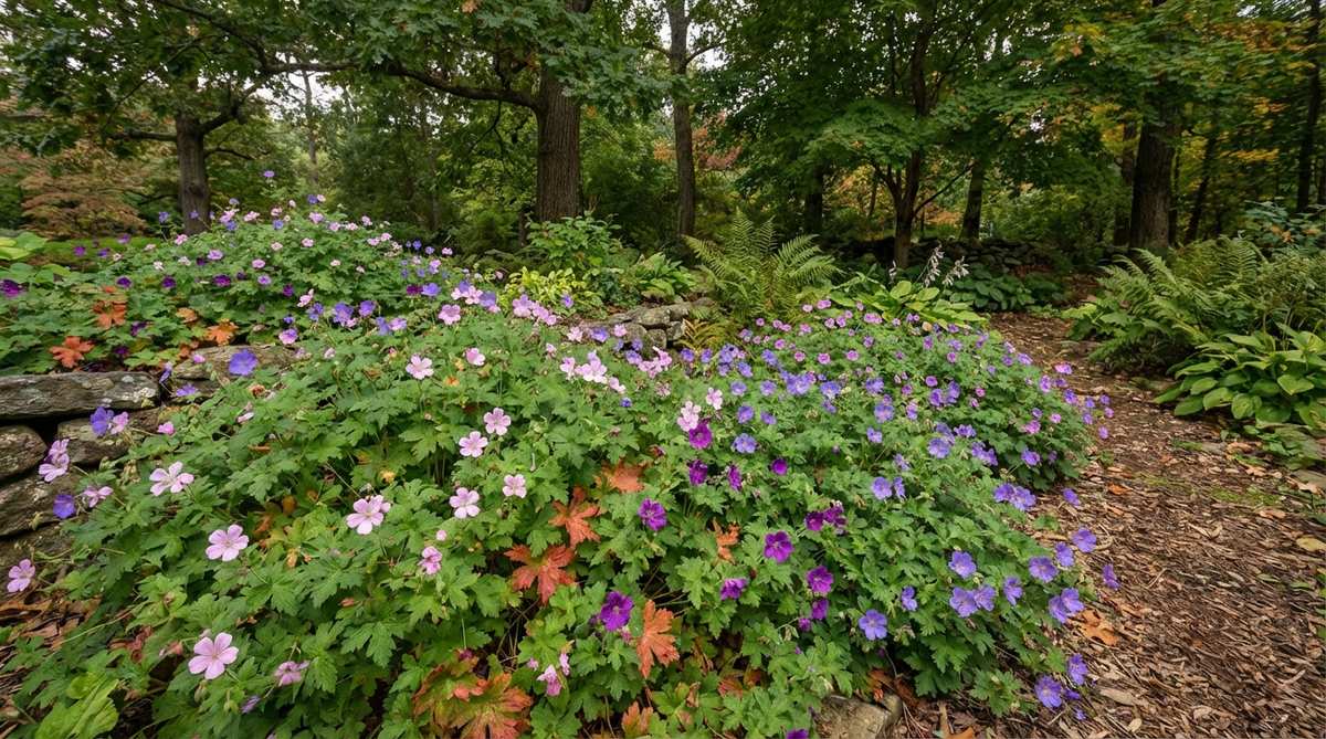 A close-up image of wild geraniums (true geraniums) with delicate five-petaled flowers in shades of pink, purple, and blue, growing in a woodland edge setting within a cottage garden. The plants form weed-suppressing mounds with deeply cut foliage, adding texture to shaded areas, and some varieties show attractive fall color.