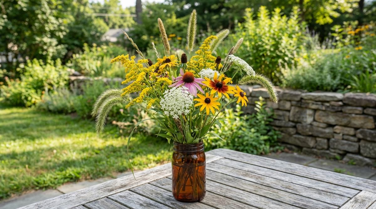 A loose arrangement of locally sourced wildflowers in an amber glass jar, featuring mixed flower types with varying stem lengths and bloom sizes, including grasses and seed heads for an authentic meadow character. This casual centerpiece has an unstructured, freshly gathered appearance perfect for boho decorations and parties.