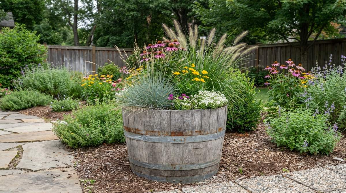 A weathered oak wine barrel cut in half, repurposed as a rustic garden container. The metal bands show natural rust patina while the wooden staves have aged to a silver-gray finish. The container holds ornamental grasses and seasonal flowers, demonstrating its generous planting capacity for garden displays.