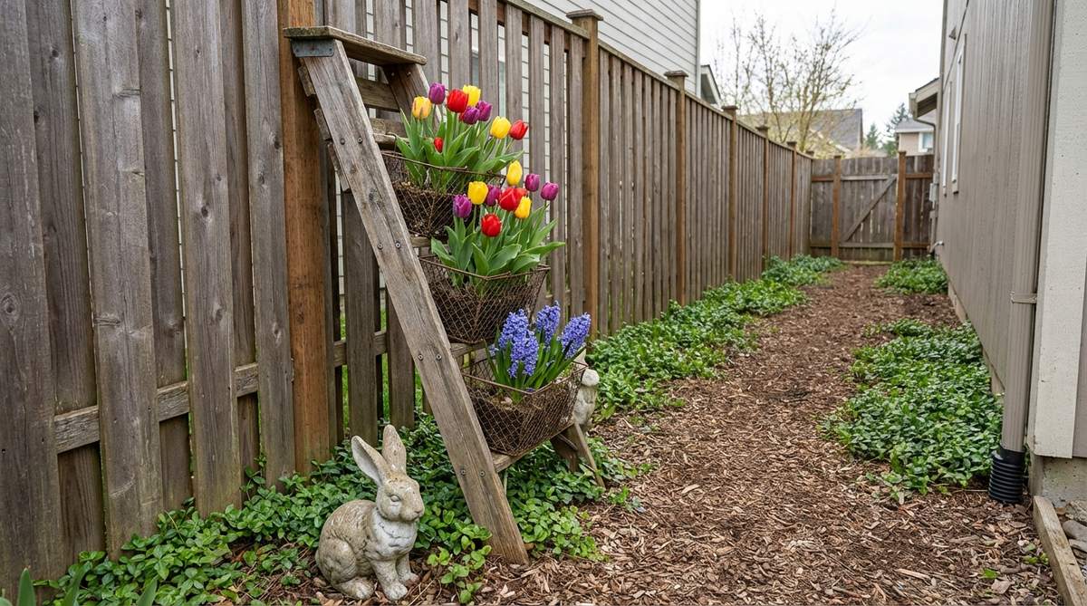 A vertical Easter decor display featuring a wooden or metal ladder with vintage wire baskets on each rung, filled with spring blooms like tulips and hyacinths, anchored by a concrete bunny at the base. Ideal for enhancing narrow outdoor spaces such as side yards or fence lines with a festive and textured arrangement.