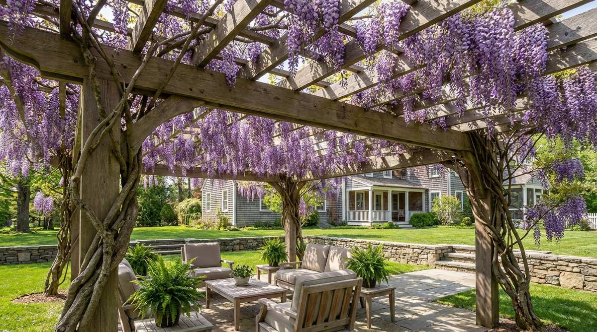 A beautiful wisteria overhead canopy trained along a pergola structure, showcasing purple flower clusters hanging through openings. This deciduous vine provides seasonal shade with spectacular spring displays of dangling racemes in purple, white, or pink colors. The image demonstrates proper training along main beams and sturdy construction required to support mature wisteria's vigorous growth and substantial woody trunks.
