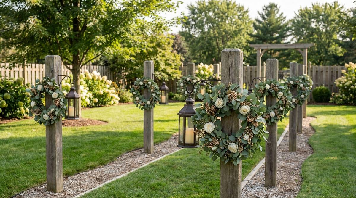 Rustic wooden posts standing 4 feet tall with metal lanterns and circular floral wreaths, creating vertical dimension for wedding aisle decor. Perfect for coordinating with ceremony backdrops and establishing structural rhythm in outdoor wedding spaces.