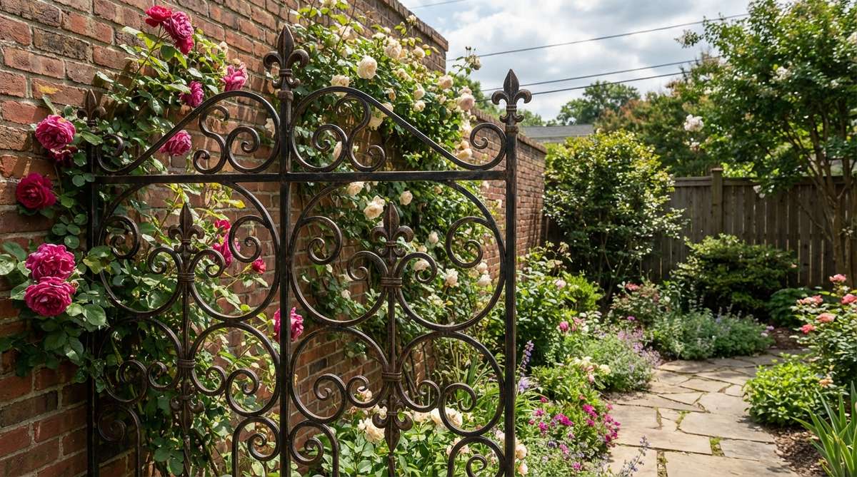 A decorative wrought iron trellis with intricate scrollwork and fleur-de-lis details, supporting climbing roses in a vintage garden setting. The black or bronze finish provides a subtle backdrop that allows the vibrant flowers to stand out, perfect for training roses, jasmine, or flowering vines against walls, fences, or as a freestanding garden sculpture.