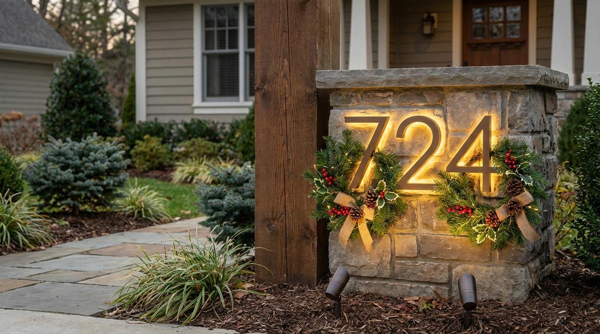 A close-up view of illuminated house numbers decorated with small evergreen wreaths and sprigs, using battery-powered spotlights for practical and festive outdoor Christmas decor.