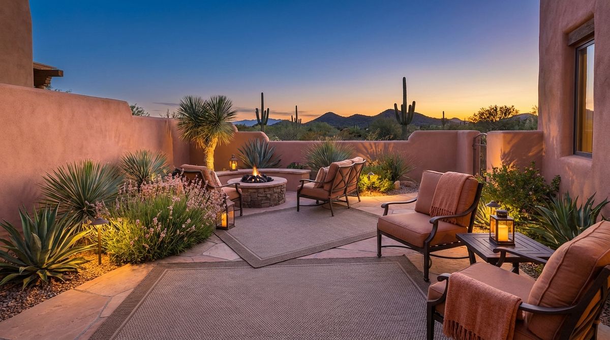 A cozy bedroom with warm adobe pink walls, dusty orange bedding, and soft taupe area rugs, capturing the glowing desert twilight ambiance for intimate and relaxing spaces.