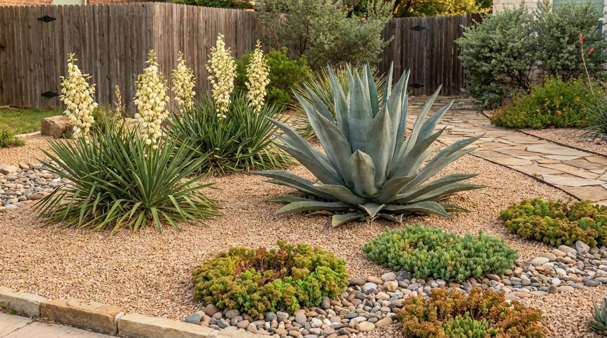 A striking gravel garden bed featuring a mature Agave americana (century plant) with broad gray-blue rosettes and Yucca filamentosa (Adam's needle yucca) with tall flower spikes, set against fine gravel texture. The plants are spaced with clear gravel around them for scale and safety, underplanted with low sedums, showcasing architectural contrast and drought-tolerant design suitable for USDA zones 7-11.