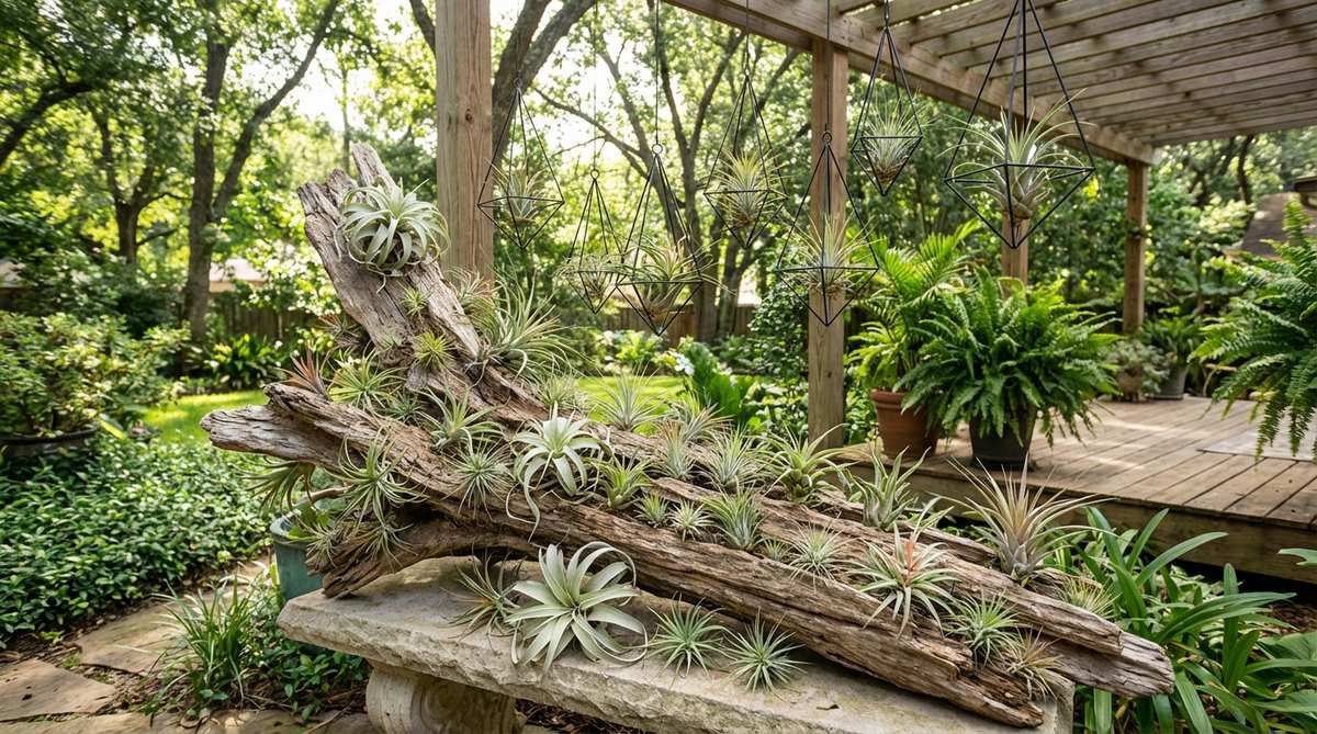 Tillandsia air plants mounted on driftwood or displayed in geometric holders, requiring no soil. These low-maintenance epiphytes thrive in humid climates with bright indirect light and good air movement.