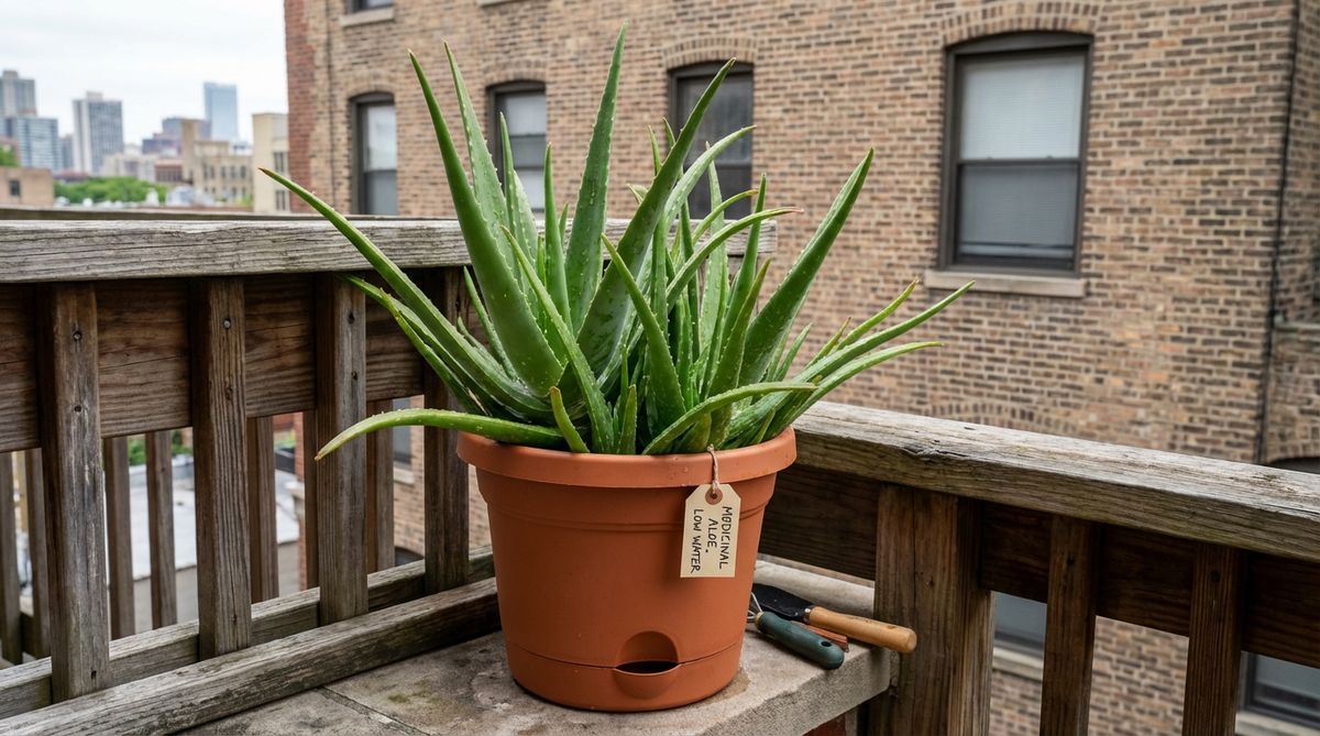 A close-up image of an Aloe Vera plant with spiky rosettes, thriving in a self-watering pot on an urban balcony, showcasing its medicinal properties and low-maintenance care.