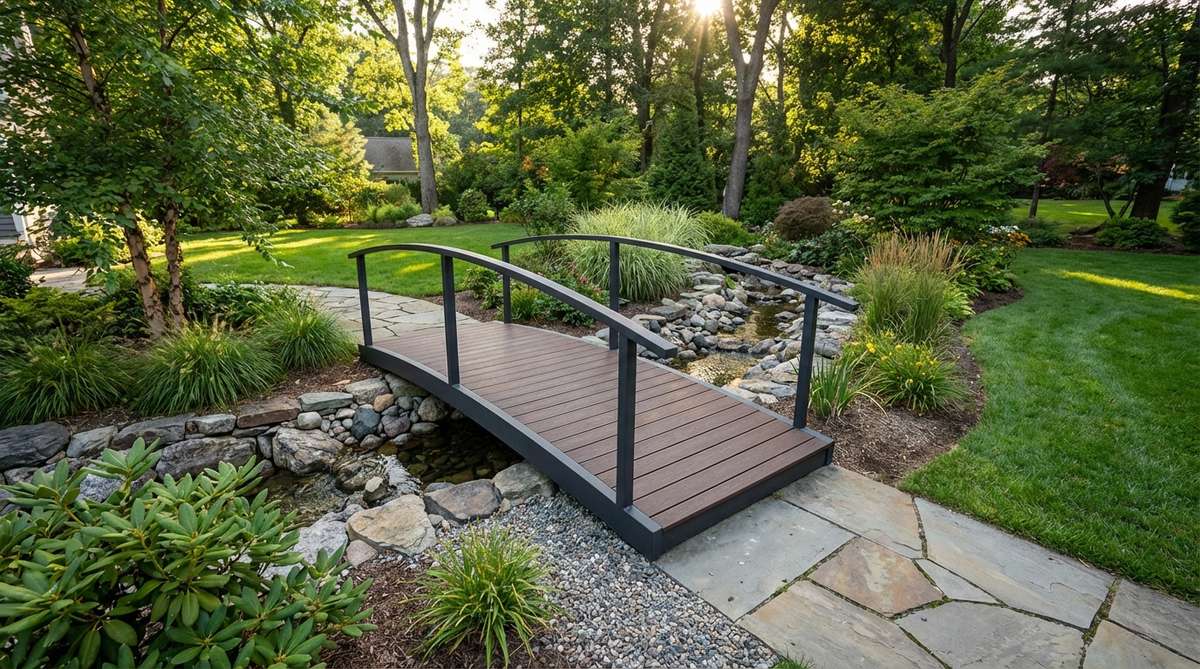 A modern zen garden bridge featuring a powder-coated aluminum frame with composite decking. The aluminum framework resists corrosion in humid or saltwater environments, available in charcoal or bronze finishes that mimic aged iron. The composite deck boards offer wood-grain textures for traditional aesthetics while requiring no sealing, staining, or maintenance against rot. This lightweight yet durable bridge can span gaps up to 12 feet, combining classic design with modern durability for long-term use in garden settings.