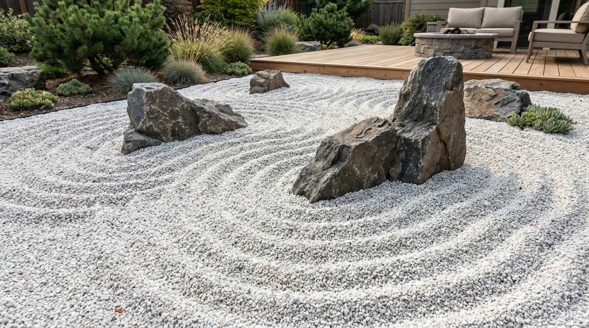 Close-up view of the aranamimon rough wave pattern in a Japanese stone garden, showing deep furrows raked into white gravel to simulate turbulent ocean waves with prominent ridges and valleys. Angular stones are strategically positioned to resemble hazards breaching violent waters, creating a dramatic effect that conveys energy and movement in the garden design.