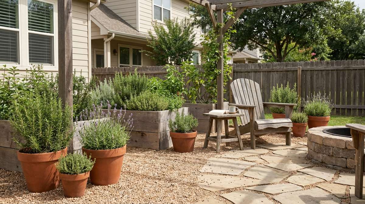 A small patio garden featuring rosemary, lavender, and thyme in clay pots and raised beds, with gravel underfoot, designed for relaxation and aromatherapy.