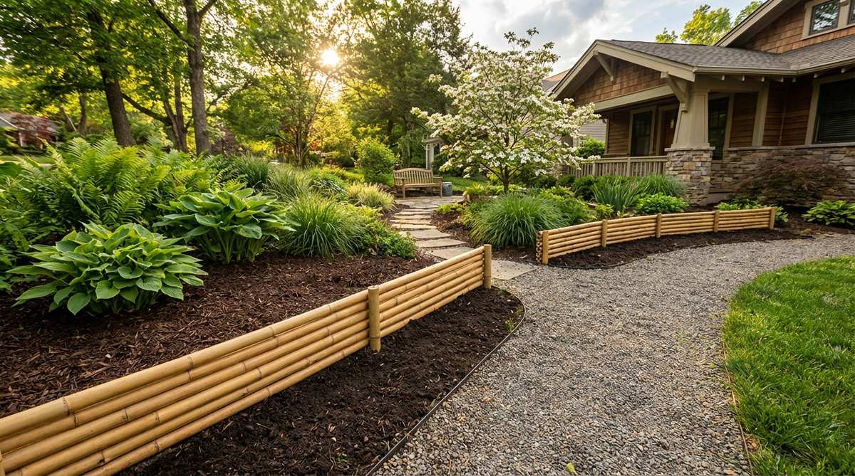 Half-culm bamboo sections staked horizontally along garden bed edges, creating low barriers that separate mulched areas from pathways. The curved profile and golden-tan coloration contrast beautifully with dark soil amendments and green foliage, showcasing traditional Japanese outdoor decor techniques.