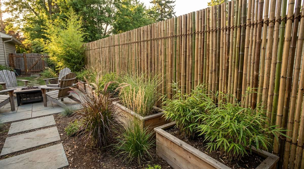 A natural bamboo privacy screen with integrated planters, showing lashed bamboo poles of varying diameters and natural coloring. Ornamental grasses and clumping bamboo varieties grow in the ground-level planters, creating an Asian-inspired garden fence design that provides sustainable privacy with organic aesthetics.