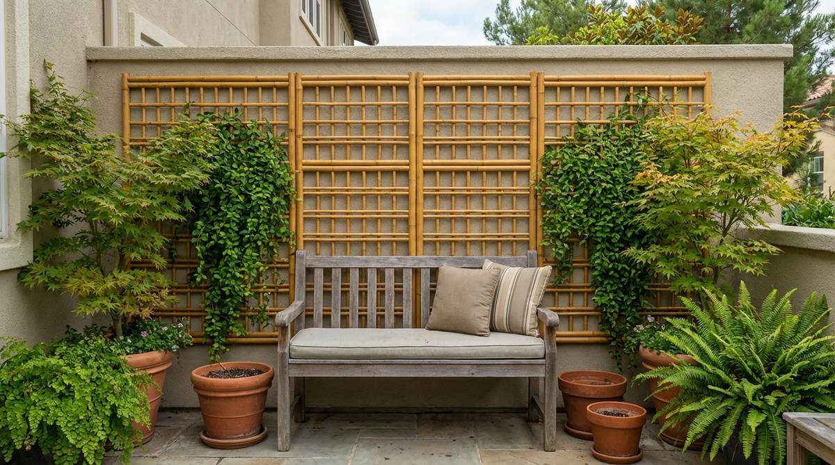 Natural bamboo trellis panels with warm golden tones, ideal for balcony wall decor. These lightweight, sustainable panels feature lashed bamboo poles that complement lush green foliage and Asian-inspired garden designs. Treated with outdoor sealant for durability.